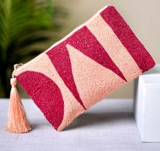 Peach and Red Beaded Women's Clutch Or Purse With Tassel